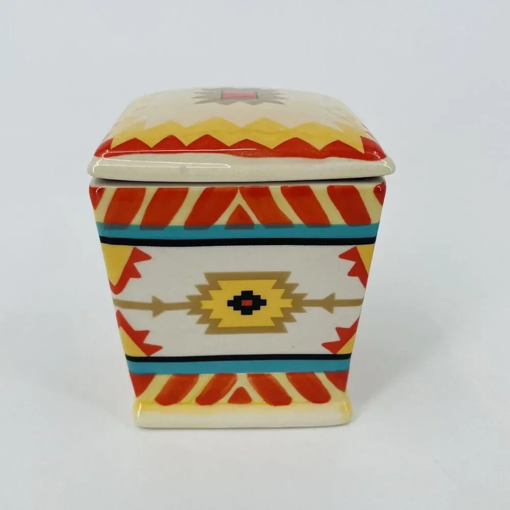 Cracker Barrel Southwest Design Stoneware Lidded Trinket Box Ceramic Tapered 3